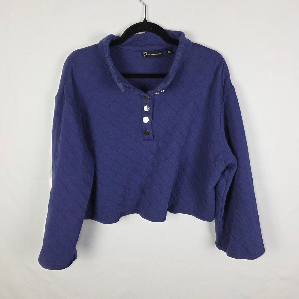 New York & Company Quilted‎ Cropped Pullover Navy Blue Mock Neck XL